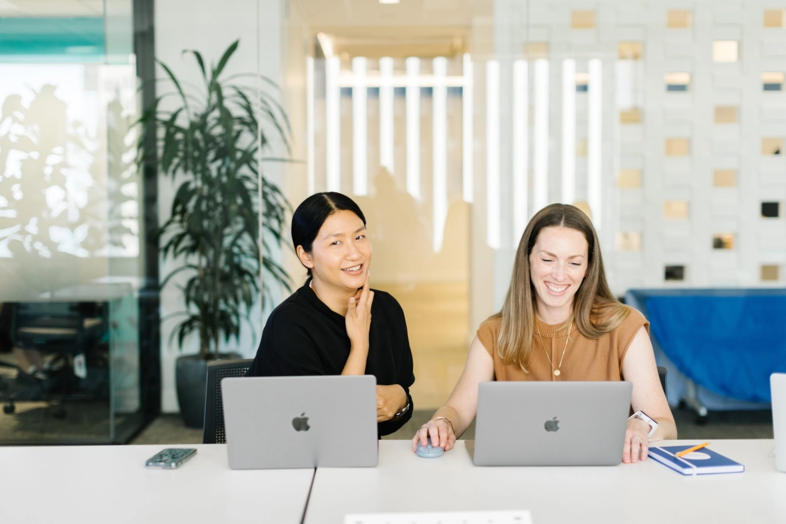 Colleagues smiling while working side-by-side at a desk, both focused on their laptops in a bright, modern office setting.