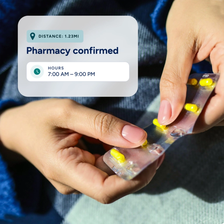A close-up of a person's hands breaking open a blister pack of yellow pills. Overlaid on the image is an app notification confirming "Pharmacy confirmed" with operating hours of "7:00 AM - 9:00 PM."
