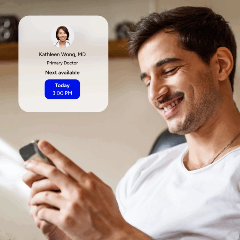 A smiling man looks at his smartphone. Overlaid on the image is an app card showing a doctor's profile (Kathleen Wong, MD) and the next available appointment time: "Today 3:00 PM."
