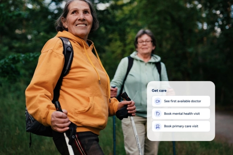 Two senior women are walking outdoors with Nordic walking poles, smiling. Overlaid on the image is a mobile app card showing options to "Get care," including "Book mental health visit" and "Book primary care visit."