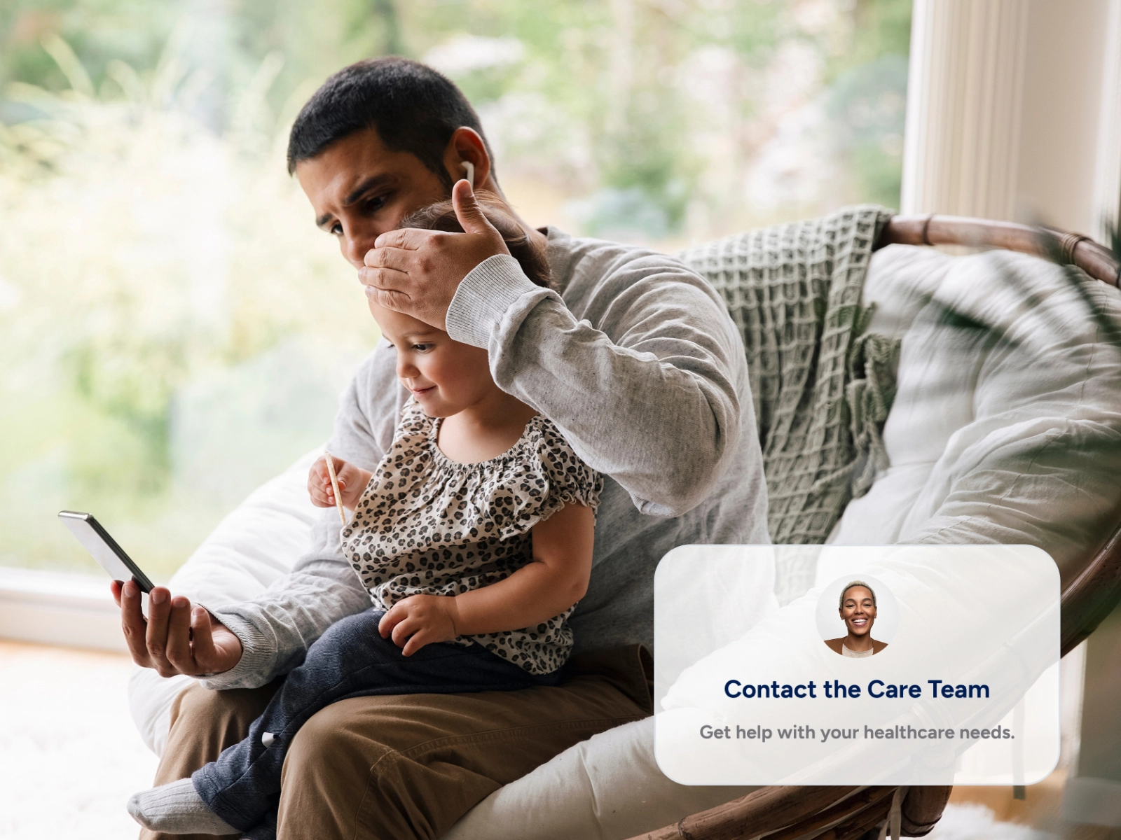 Member with a sick child talking to a virtual doctor on the phone.