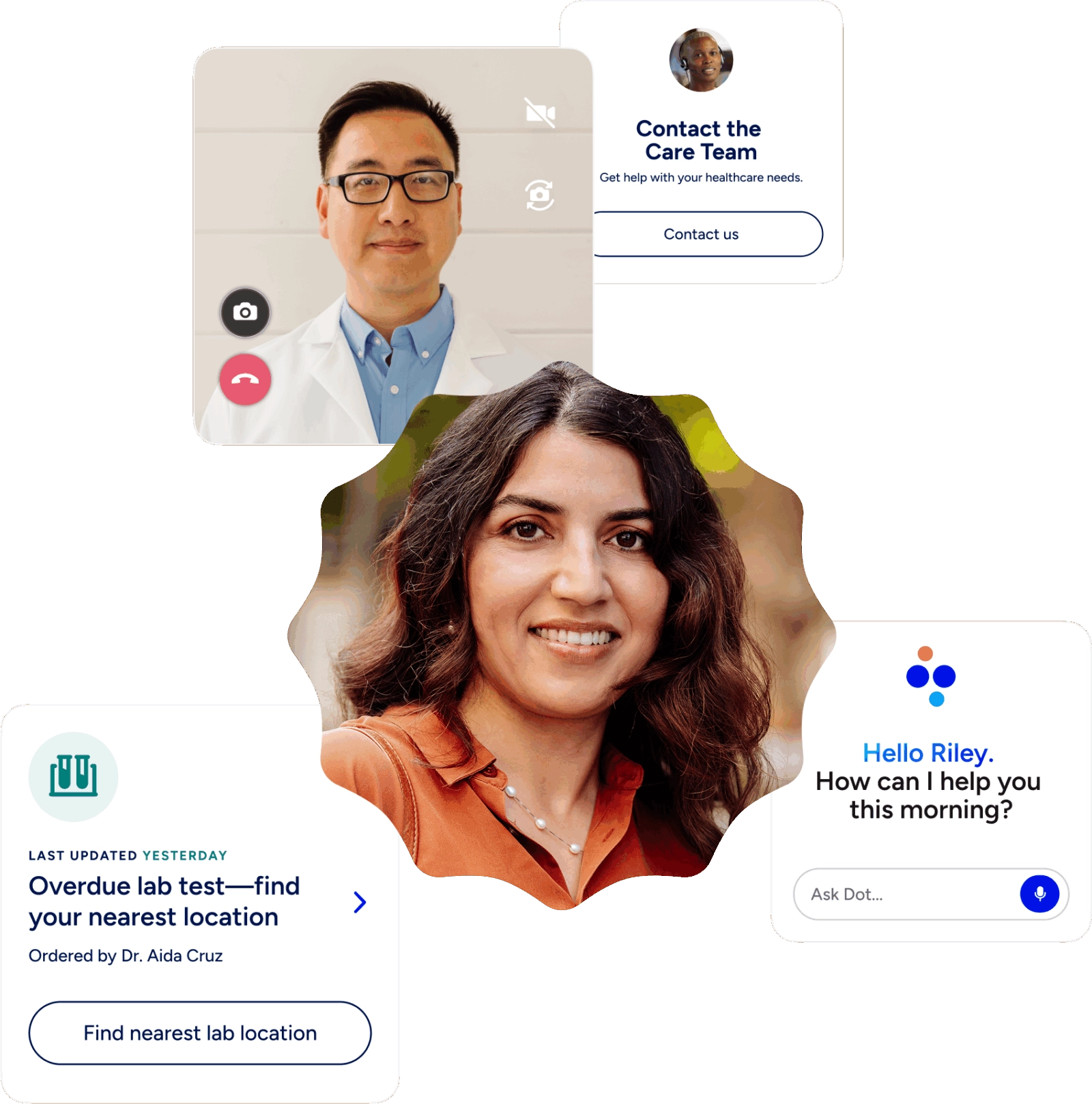 A collage of a healthcare app interface showing digital features, including a video call with a male doctor, a patient's self-portrait, a "Contact the Care Team" module, a notification for an overdue lab test, and a chatbot greeting ("Hello Riley. How can I help you this morning?").