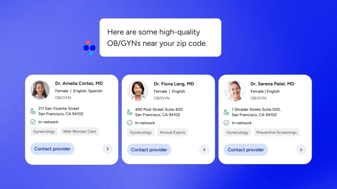 UI elements highlighting a chat and three cards highlight provider options