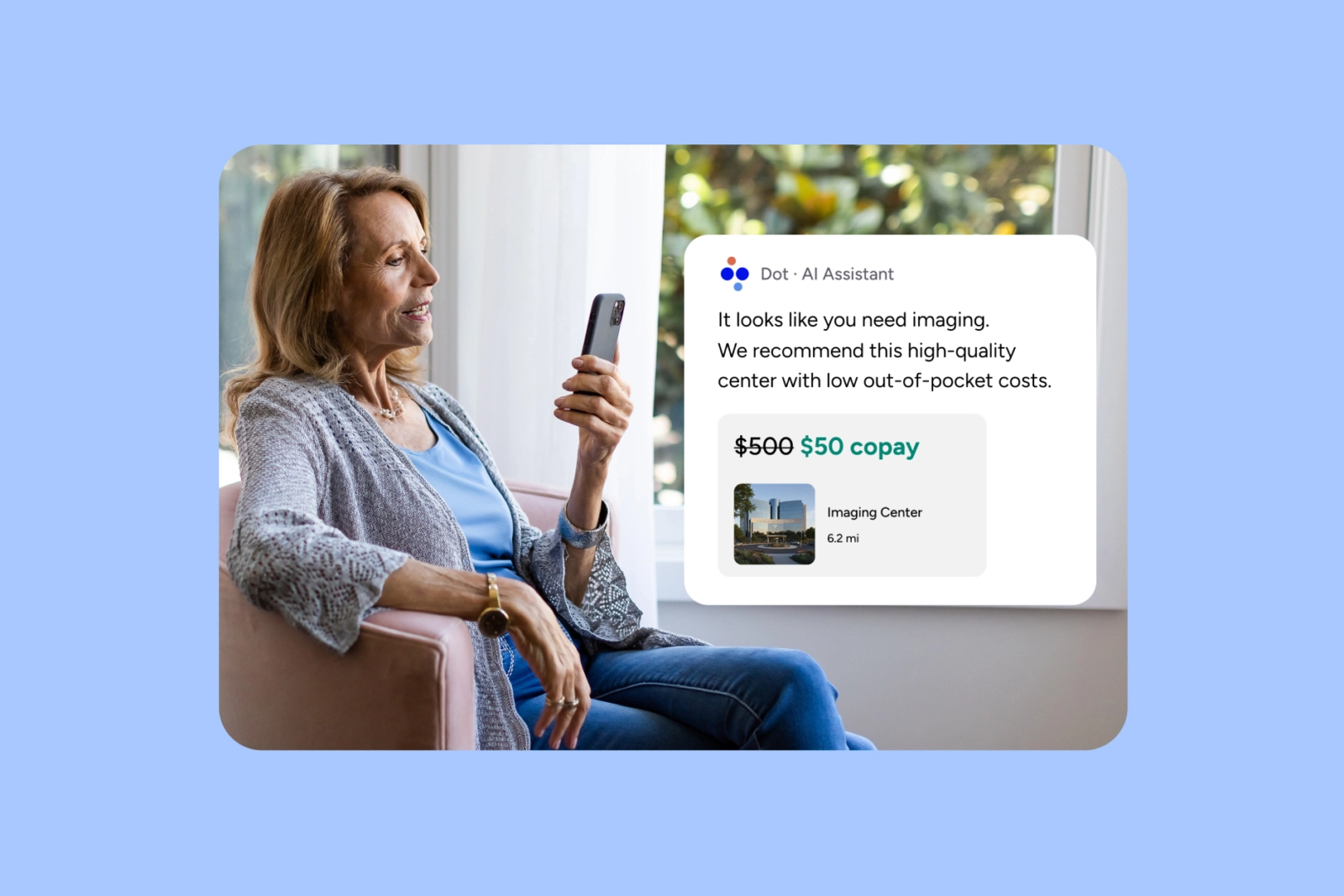 Woman looking at phone with UI overlay promoting a lower copay option