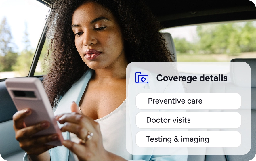 A Black woman sitting in a car looks at her smartphone, which displays a "Coverage details" screen from a health application with options for "Preventive care," "Doctor visits," and "Testing & imaging."
