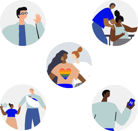 Various animated people interacting with others