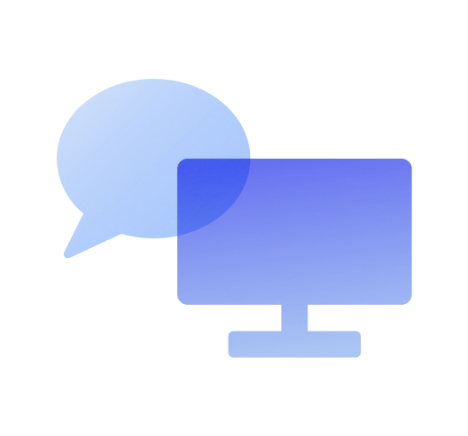Light blue chat bubble overlaid on blue computer screen