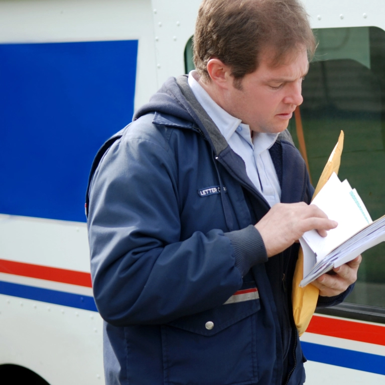 A mail carrier in a blue uniform jacket stands next to a delivery vehicle, sorting through a bundle of envelopes.