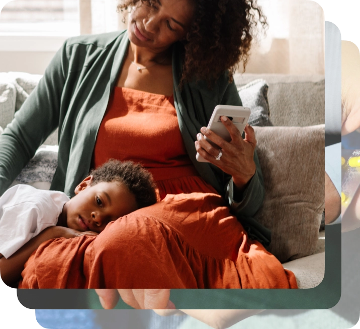 A woman sitting on a couch, looking at her smartphone while a young child rests their head on her lap. An overlay text bubble reads: "Hello! 👋 I'm Dot, your digital healthcare assistant. I'm here to make sure you get the support you need. So, how can I help?"