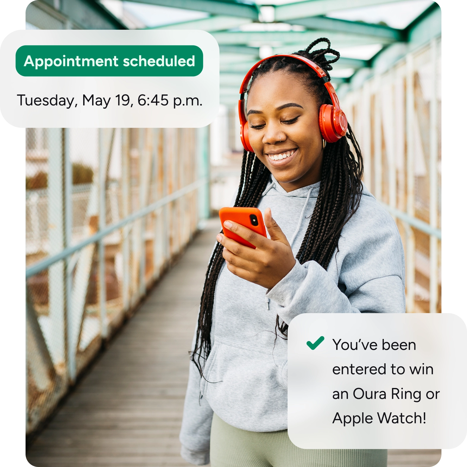 A Woman wearing red headphones, scheduling an online doctors appointment, and being entered into a drawing twin an Oura Ring or Apple Watch