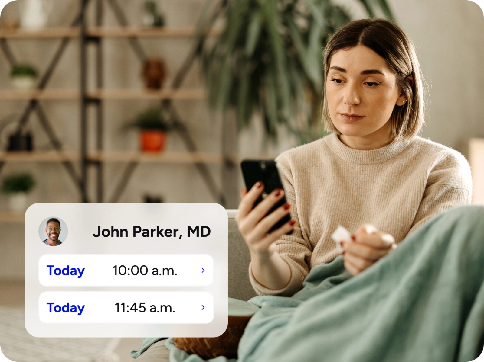 A woman scheduling a virtual visit with their doctor.