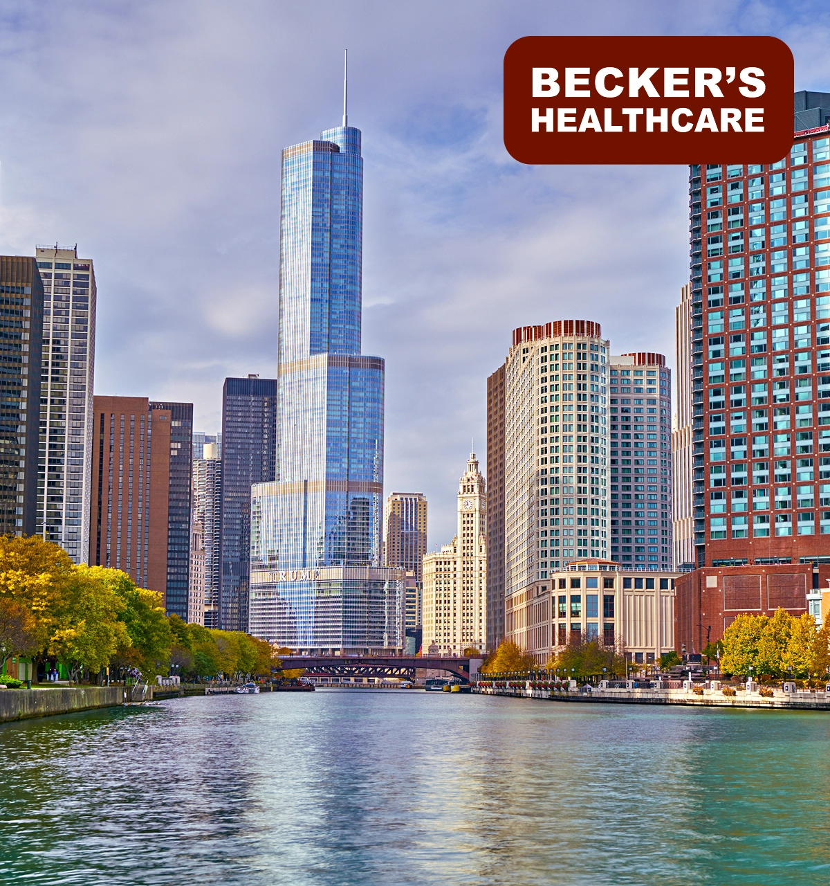 Chicago skyline featuring Becker's Healthcare logo