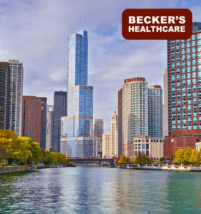 Chicago skyline featuring Becker's Healthcare logo